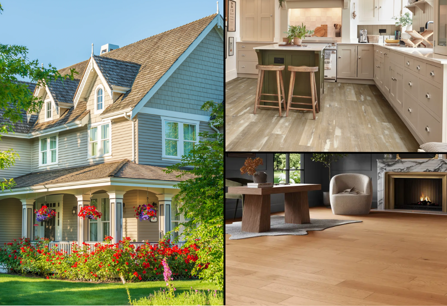 composite image showing a modern farmhouse inspired home alongside interior views of rustic flooring